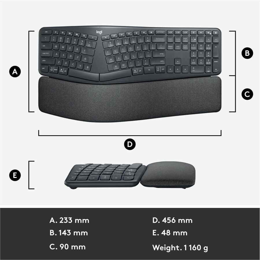 Logitech ERGO K860 Split Ergonomic Keyboard, Wireless Connectivity, Graphite
