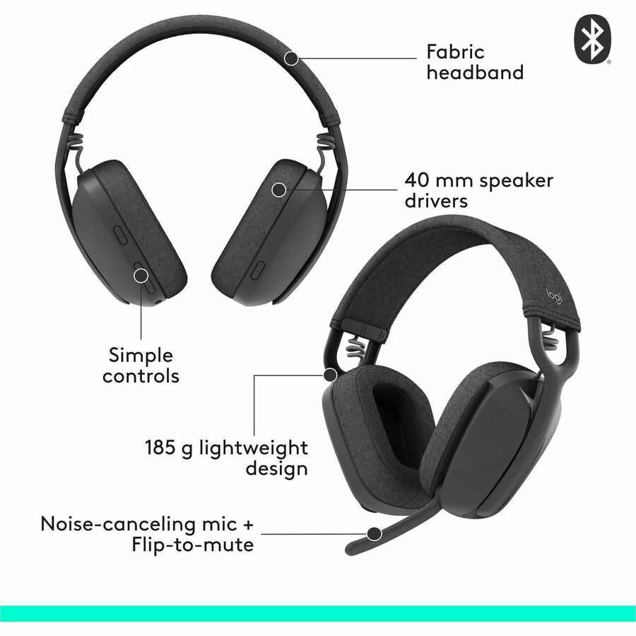 Logitech Zone Vibe 100 Wireless Over Ear Headphones, Noise Canceling Microphone, Advanced Multipoint Bluetooth Headset, Graphite