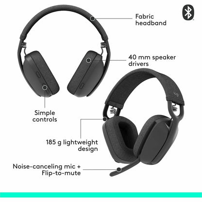 Logitech Zone Vibe 100 Wireless Over Ear Headphones, Noise Canceling Microphone, Advanced Multipoint Bluetooth Headset, Graphite