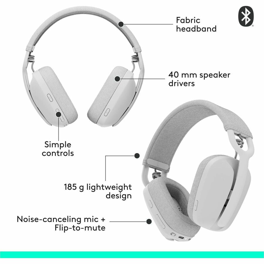 Logitech Zone Vibe 100 Wireless Over Ear Headphones, Noise Canceling Microphone, Advanced Multipoint Bluetooth Headset, Off-white