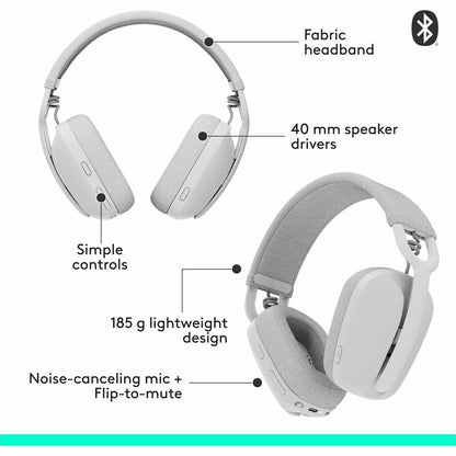 Logitech Zone Vibe 100 Wireless Over Ear Headphones, Noise Canceling Microphone, Advanced Multipoint Bluetooth Headset, Off-white