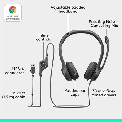 Logitech H390 Wired Headset for PC/Laptop, Stereo Headphones with Noise Cancelling Microphone, USB-A, In-Line Controls, Works with Chromebook