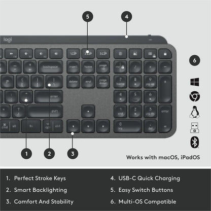 Logitech MX Keys Wireless Illuminated Keyboard for Business, Quiet Perfect-Stroke Keys, Logi Bolt Technology - Graphite