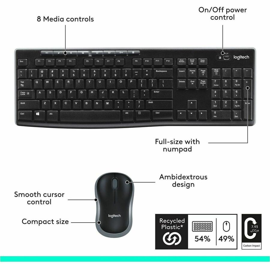 Logitech MK270 Wireless Keyboard and Mouse Combo for Windows, 2.4 GHz Wireless, Compact Mouse, Black