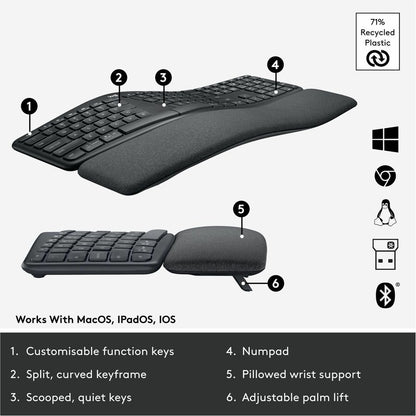 Logitech ERGO K860 Split Ergonomic Keyboard, Wireless Connectivity, Graphite